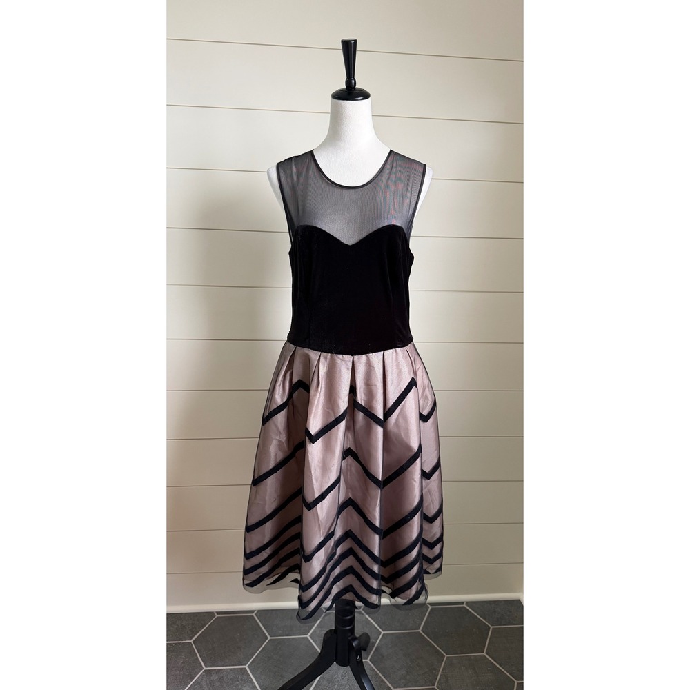 Black Velvet Tulle Chevron Cocktail Dress Cap Sleeve Champagne Gold A Line